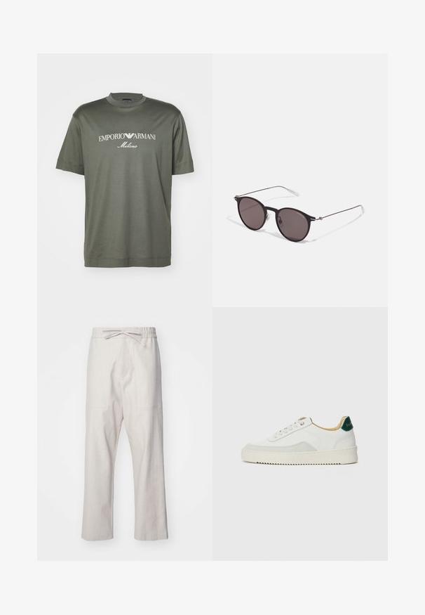 Mørkegrøn bomulds T-shirt med rund hals, forsynet med et hvidt logo, der står "EMPORIO ARMANI Milano" tværs over brystet. Korte ærmer.; Linnedresser i lys beige med elastisk talje og snor samt to forlommer. Ret ben-design.; Hvide sneakers med ruskindsdetaljer, rund tå, flade snørebånd og en cremet gummisål. Har grøn branding på hælen.; Sorte runde solbriller med mørke linser og slanke metalarme. Inkluderer klare tempeltips og sølvdetaljer ved hængslet. Minimalistisk design.
