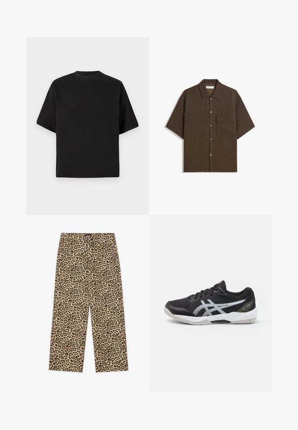 Schwarzes T-Shirt mit kurzen Ärmeln in lockerer Passform, aus glattem Baumwollmaterial, mit rundem Ausschnitt und minimalistischem Design.; Kurzärmliges, dunkelbraunes Hemd aus strukturiertem Stoff. Verfügt über eine Knopfleiste und zwei Brusttaschen. Lässiges Design mit entspannter Passform.; YOURTURN UNISEX - Jeans Relaxed Fit - beige/black; Schwarzer Sportschuh mit strukturiertem Mesh-Obermaterial, silbernen Akzenten und weißer Zwischensohle, mit abgerundeter Zehenpartie und gepolstertem Kragen.