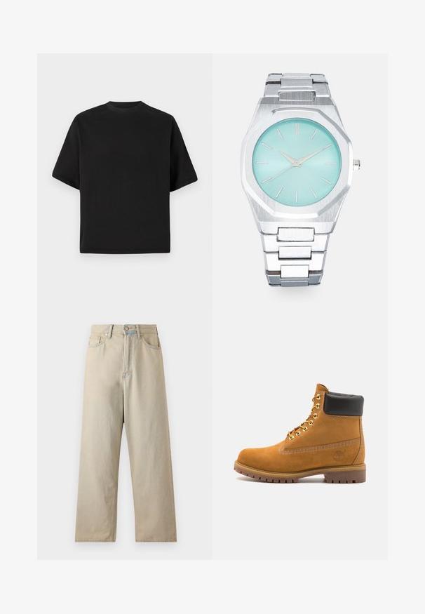 Černé tričko s krátkým rukávem v volném střihu, vyrobené z hladké bavlny, s kulatým výstřihem a minimalistickým designem.; Světlé béžové široké džíny s vysokým pasem, z denimové látky. obsahují klasické pětibodové provedení a jemné zesvětlení.; Hnědé semišové kotníkové boty s černým polstrovaným límcem, zlatými kovovými očky, bílým prošíváním a odolnou gumovou podrážkou s výraznými drážkami.; Stříbrné osmiúhlé hodinky s jemným tyrkysovým ciferníkem, minimalistickými stříbrnými ručičkami a hodinovými značkami. Metallic linkový náramek s broušenou texturou.