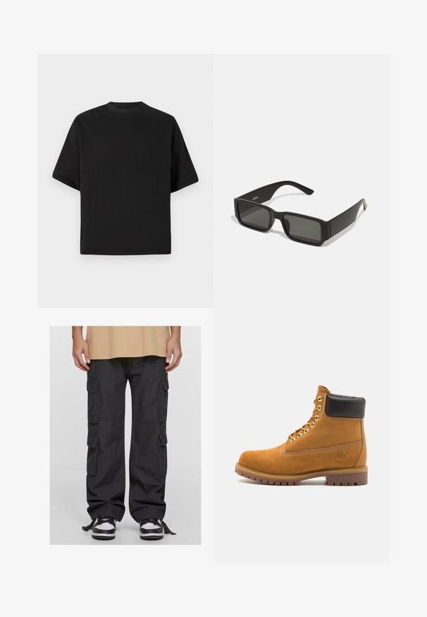 Czarna, krótka koszulka w luźnym kroju, wykonana z gładkiej bawełny, z okrągłym dekoltem i minimalistycznym designem.; Czarne spodnie cargo z bawełny, z wieloma kieszeniami bocznymi, luźnym krojem i regulowanymi trokami przy kostkach. W połączeniu z czarno-białymi trampkami.; Beżowe zamszowe botki sięgające kostki z czarną wyściełaną krawędzią, złotymi oczkami, białymi detalami szycia oraz wytrzymałą gumową podeszwą z wyraźnym bieżnikiem.; Czarne okulary przeciwsłoneczne z prostokątnymi soczewkami, matowa plastikowa oprawka i proste krawędzie. Posiadają logo marki na wewnętrznej stronie ramienia.