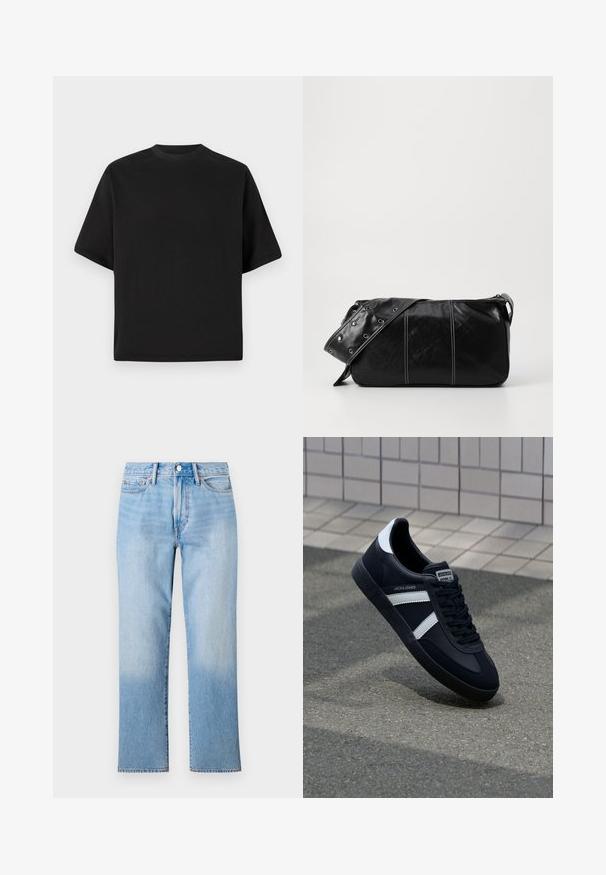 T-shirt nera a maniche corte in vestibilità larga, realizzata in cotone morbido, con scollatura rotonda e design minimalista.; Jeans in denim blu chiaro con design a gamba dritta, caratterizzati da un lavaggio sbiadito, stile a cinque tasche standard e un classico sistema di chiusura con bottone.; Sneaker neri in pelle con strisce bianche, suola in gomma texturizzata e allacciatura frontale. Presenta un'etichetta con il marchio sulla linguetta.; Borsa a spalla in pelle nera con chiusura a zip, caratterizzata da un corpo testurizzato, cuciture bianche e una tracolla con occhielli in argento.