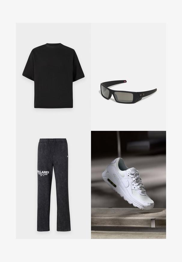Črna kratka majica s kratkimi rokavi v ohlapnem kroju, izdelana iz gladkega bombaža, z okroglo ovratnico in minimalističnim dizajnom.; Črne trenirke iz mehkega materiala, z elastičnim pasom in belim tiskanim logotipom: "McLAREN FORMULA 1 TEAM" na nogi.; Bela Nike Air Max 90 športna obutev z mrežastim in usnjenim zgornjim delom, perforiranim prstnim delom in vidno zračno enoto v peti.; Crne sončne naočale s mat površinom, pravokutne leće, blagi luk na sljepilima, diskretna oznaka i leće sa dimnim nijansama.
