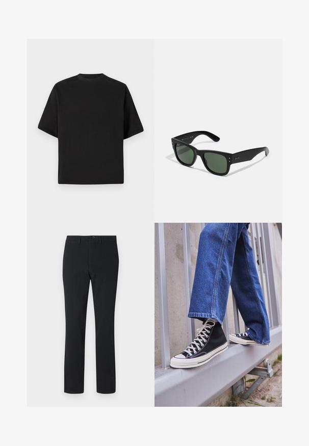 Zwarte T-shirt met korte mouwen in een losse pasvorm, gemaakt van zachte katoen, met een ronde halslijn en een minimalistisch ontwerp.; Zwarte rechte broek gemaakt van gladde stof. Bevat een sluiting met een knoop aan de voorkant, riemlussen en twee zijzakken.; Zwarte hoge sneakers met witte zool en veters, gecombineerd met losse blauwe denim jeans, rustend op een grijze leuning.; Zwarte rechthoekige zonnebril met groene lenzen, matte afwerking, subtiele hardwareaccenten en een gegraveerd logo op de slaap.; Drie bandana's: één geel met zwarte patronen, één wit met zwarte ontwerpen en één zwart met witte afbeeldingen. Alle zijn vierkant en gemaakt van lichtgewicht stof.