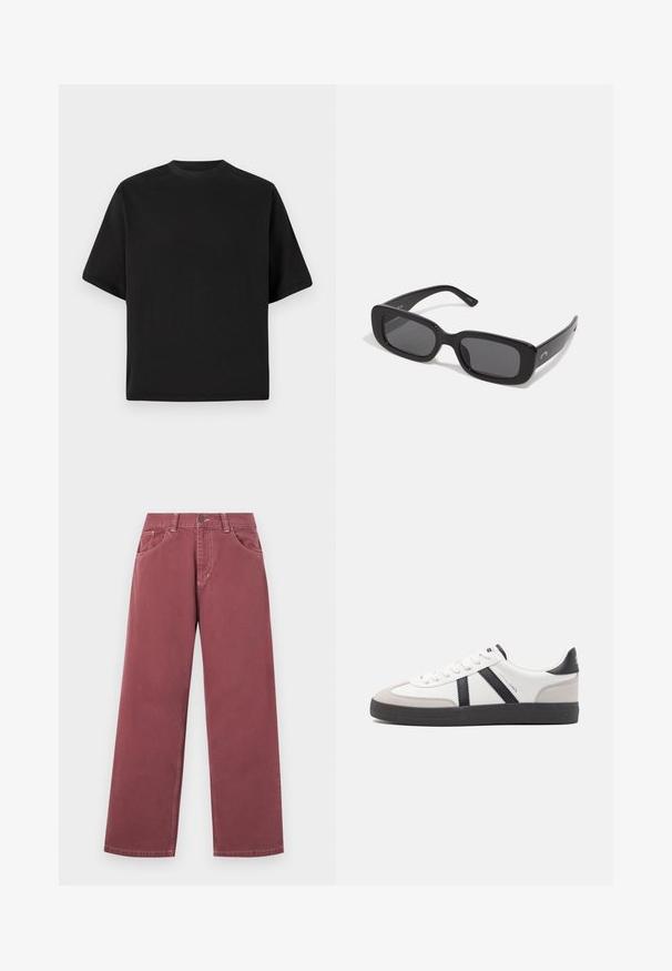 T-shirt nera a maniche corte in vestibilità larga, realizzata in cotone morbido, con scollatura rotonda e design minimalista.; Jeans a gamba larga color bordeaux realizzati in cotone con una texture liscia, con tasche frontali, passanti per la cintura e una chiusura con un solo bottone.; Sneaker bianco con accenti neri e grigi, dotata di una punta grigia testurizzata, suola in gomma nera e lacci bianchi piatti. Design pulito, stile minimalista.; Occhiali da sole neri rettangolari con lenti scure, montature in plastica liscia e aste larghe. Branding sottile sul lato.