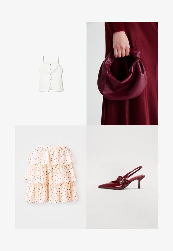 Top alb fără mâneci, cu închidere frontală cu nasturi, buzunare laterale și un design ajustat cu un tiv ușor evazat. Textură netedă, detalii minime.; Fustă volanată dintr-un material crema deschis cu buline roșii. Are trei straturi de volane la margine și o talie elastică.; Pantofi cu toc slingback din piele roșie lacuită, cu vârf ascutit, două curele cu cataramă și un toc subțire, de înălțime medie. Textură netedă.; Geantă de mână din piele burgundă, cu un design moale și pliat și o formă rotundă. Mânerele sunt securizate, evidențiind o textură netedă.