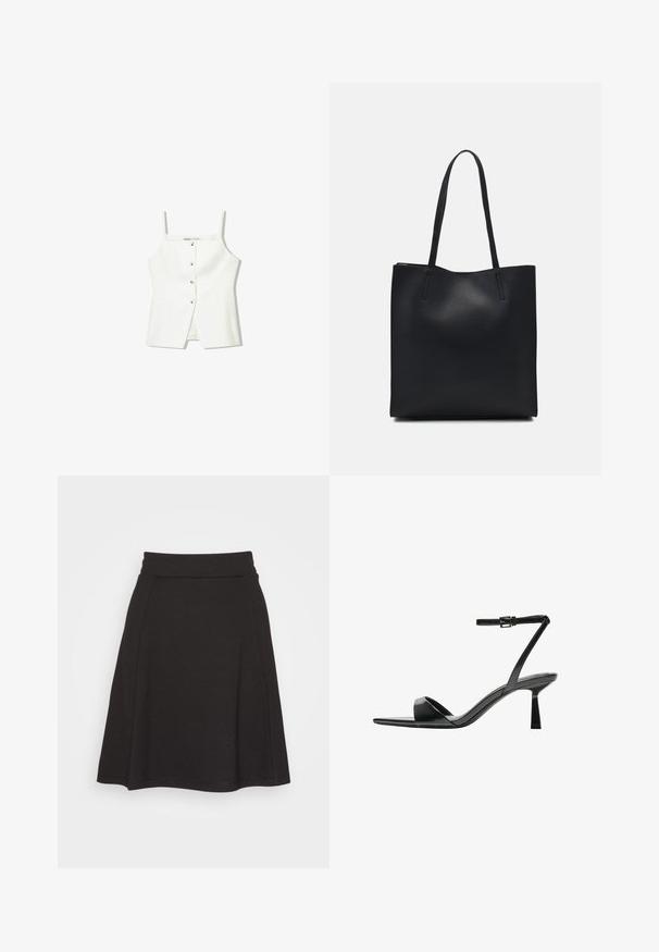 Bela brezrokavna majica z gumbi spredaj, stranskimi žepi in prilegajočim se krojem z rahlo razširjenim robom. Gladka tekstura, minimalno okrašena.; Črna krila s širokim krojem, izdelana iz mehkega materiala z gladko teksturo. Ima širok pas in sega do dolžine sredine stegna.; Bershka Sandali z visoko peto - black; Črna usnjena torba s svilnato teksturo, pravokotne oblike in dvema dolgima ročajema. Brez vidnih metalnih delov ali okrasnih elementov.