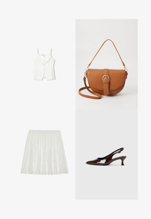 Top alb fără mâneci, cu închidere frontală cu nasturi, buzunare laterale și un design ajustat cu un tiv ușor evazat. Textură netedă, detalii minime.; Fustă albă, în straturi, cu un finisaj texturat. Prezintă un talie elastică și volane stratificate, creând o siluetă fluidă.; Pantofii slingback din piele patent maro, cu vârful ascuțit și un toc moderat. Prezintă o curea cu prindere pentru o potrivire sigură. Textură netedă.; Geantă din piele maro, tip crossbody, cu o formă curbată, accesorii aurii și un accent cu cataramă. Dispune de un curea de umăr detașabilă.