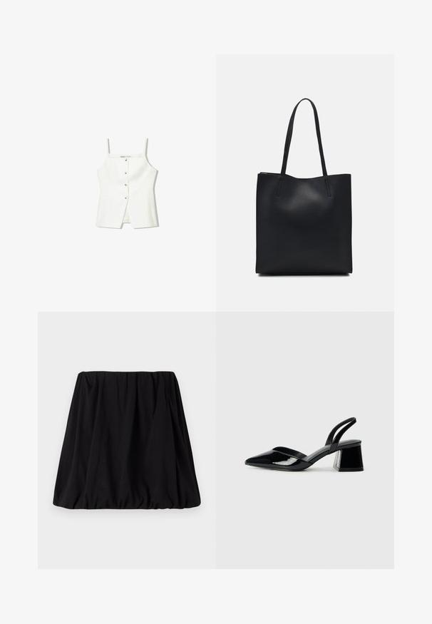 Bela brezrokavna majica z gumbi spredaj, stranskimi žepi in prilegajočim se krojem z rahlo razširjenim robom. Gladka tekstura, minimalno okrašena.; Črna, nabranih krilo izdelano iz mehkega blaga, z elastičnim pasom in obsežno silhueto. Brez vidnih vzorcev ali poudarkov.; Črne lakirane slingback pete s koničastim nosom in geometrijsko blokasto peto. Imajo eleganten, minimalističen dizajn in gladko teksturo.; Črna usnjena torba s svilnato teksturo, pravokotne oblike in dvema dolgima ročajema. Brez vidnih metalnih delov ali okrasnih elementov.