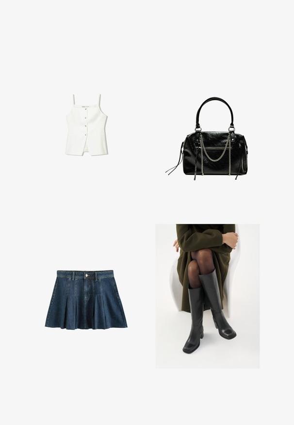 Biała bezrękawnik z guzikiem z przodu, bocznymi kieszeniami i dopasowanym krojem z lekko rozszerzaną dolną częścią. Gładka tekstura, minimalne detale.; Next - Spódnica mini; Kozaki skórzane do kolan w kolorze czarnym, z kwadratowym noskiem i słupkowym obcasem, pokazane na modelce siedzącej w oliwkowej zielonej kurtce. Gładka tekstura, minimalne detale.; Bershka - Torebka