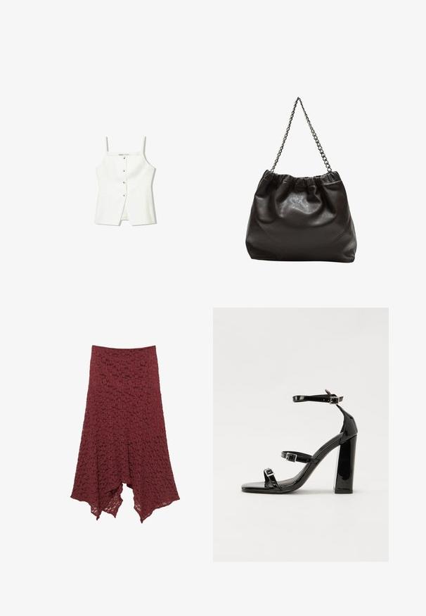 Bela brezrokavna majica z gumbi spredaj, stranskimi žepi in prilegajočim se krojem z rahlo razširjenim robom. Gladka tekstura, minimalno okrašena.; Bordo čipkasta krilo s razširjeno silhueto, ki ima teksturiran vzorec in asimetrično dna za tekoč videz.; Črne lakirane sandale s peto, kvadratnim prstom, trakovi okrog gležnja in srebrnimi zaponkami. Opremljene so s stabilno Debelo peto.; Rjava usnjena torba z nabranim vrhom in verižnim trakom. Gladka tekstura z sijajno površino in subtilnimi šivi na straneh.