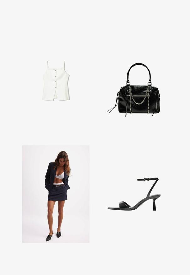 Valkoinen hihaton toppi, jossa on nappikiinnitys edessä, sivutaskut ja istuva muotoilu, jossa on hieman levenevä helma. Sileä rakenne, vähäinen yksityiskohtaisuus.; Navy blazer ja hame yhdistelmä, muotoiltu istuvuus, joka tulee matching vyön kanssa. Valkoinen rintaliivi alla. Mustat kärkitossut viimeistelevät ilmeen. Silkkinen kangasrakennus.; Bershka Korolliset sandaalit - black; Bershka WITH CHAIN - Käsilaukku - black