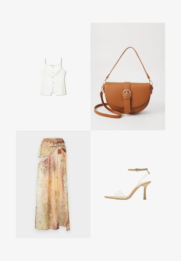 Top sans manches blanc avec un devant à boutons, des poches latérales et une coupe ajustée avec un ourlet légèrement évasé. Texture lisse, détails minimaux.; Jupe longue drapée en tissu texturé superposé, dans des tons chauds de jaune, orange et marron. Présente une ceinture décorative en perles.; Sandale à talon transparent avec un supérieur transparent, semelle beige et une fine bride de cheville. Dispose d'un bout pointu et d'un fin talon haut.; Sac bandoulière en cuir marron avec une forme incurvée, quincaillerie dorée et un accent en boucle. Comprend une bandoulière détachable.