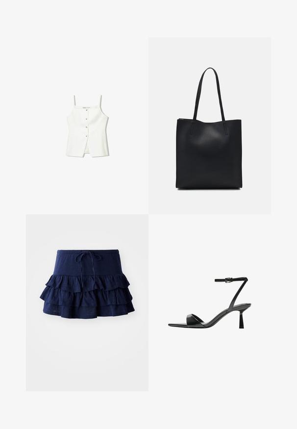 Biely top bez rukávov s gombíkovým predným zapínaním, bočnými vreckami a priliehavým strihom s mierne rozšíreným lemom. Hladká textúra, minimálne detaily.; Námornícky modrá mini sukňa s volánikmi a sťahovacím pásom. Obsahuje tri vrstvy volánov, vyrobené z jemnej, ľahkej tkaniny.; Bershka Sandále na vysokom opätku - black; Čierna kožená taška na rameno s hladkým povrchom, obdĺžnikovým tvarom a dvoma dlhými uchami. Bez viditeľného kovania alebo ozdôb.