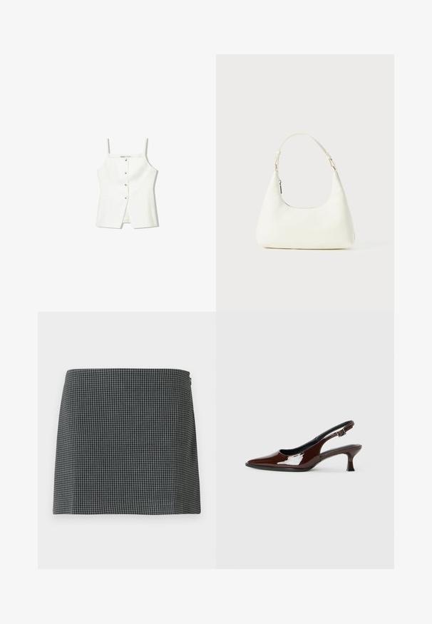 Bela brezrokavna majica z gumbi spredaj, stranskimi žepi in prilegajočim se krojem z rahlo razširjenim robom. Gladka tekstura, minimalno okrašena.; Črna in bela karirana krila iz tkanine z gladko teksturo. Ima ravno silhueto in stranski zadrgo.; Rjavi lakirani slingback čevelj z ostro konico in zmerno peto. Ima zaponko za varno prileganje. Gladka tekstura.; Majhna bela torbica za ramo z enim nastavljivim trakom in zadrgo, postavljena na enobarvno belo ozadje.
