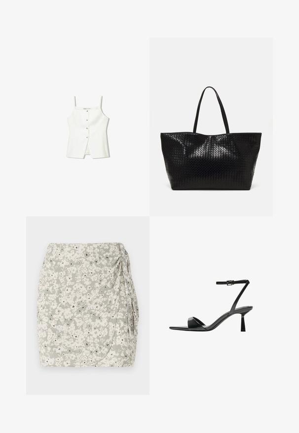 Bílý bezrukávový top se zapínáním na knoflíky vpředu, postranními kapsami a přiléhavým střihem s mírně rozšířeným lemem. Hladká textura, minimální detaily.; Květinová mini sukně v světle zelené a krémové barvě s nařaseným bokem a černými akcentními detaily. Měkká, strukturovaná tkanina s designem na zavinování.; Bershka Sandály na vysokém podpatku - black; Černá tkaná taška přes rameno s dvěma pevným uchy, má lesklou texturu a prostorný otevřený vrch.