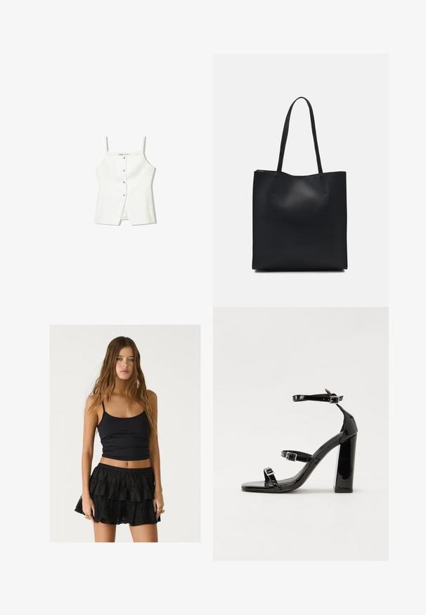 Weißes ärmelloses Oberteil mit Knopfleiste, Seitentaschen und einem figurbetonten Design mit leicht ausgestellt geschnittenem Saum. Glatte Textur, minimale Details.; Schwarzes, dehnbares Tanktop mit dünnen Trägern, kombiniert mit einem schwarzen Rüschensrock, der mit Spitze akzentuiert ist und einen geschichteten Effekt erzeugt.; Schwarze patentierte Sandalen mit Absatz, quadratischer Spitze, Knöchelriemen und silbernen Schnallen. Mit einem stabilen Blockabsatz für mehr Stabilität.; Schwarze Laptoptasche aus Leder mit glatter Textur, rechteckiger Form und zwei langen Griffen. Keine sichtbaren Beschläge oder Verzierungen.