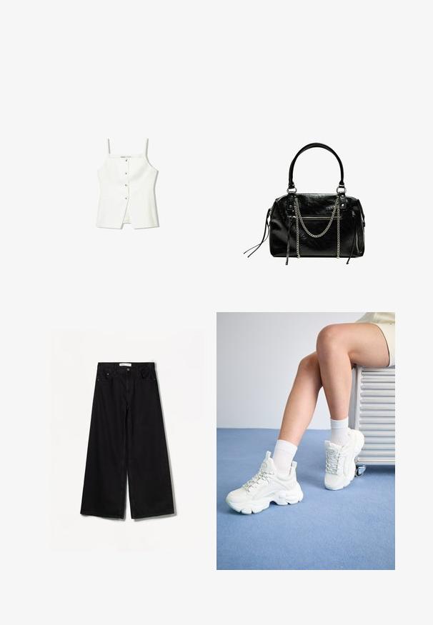 Vit ärmlös topp med knäppning fram, sidofickor och en figurnära design med svagt utsvängd nederdel. Slät textur, minimal detaljer.; Bershka WIDE-LEG - Wide leg - black; Vita snörskor med tjock sula, med slät syntetisk material, texturerade accenter och en dragflik på hälen.; Bershka WITH CHAIN - Handväska - black