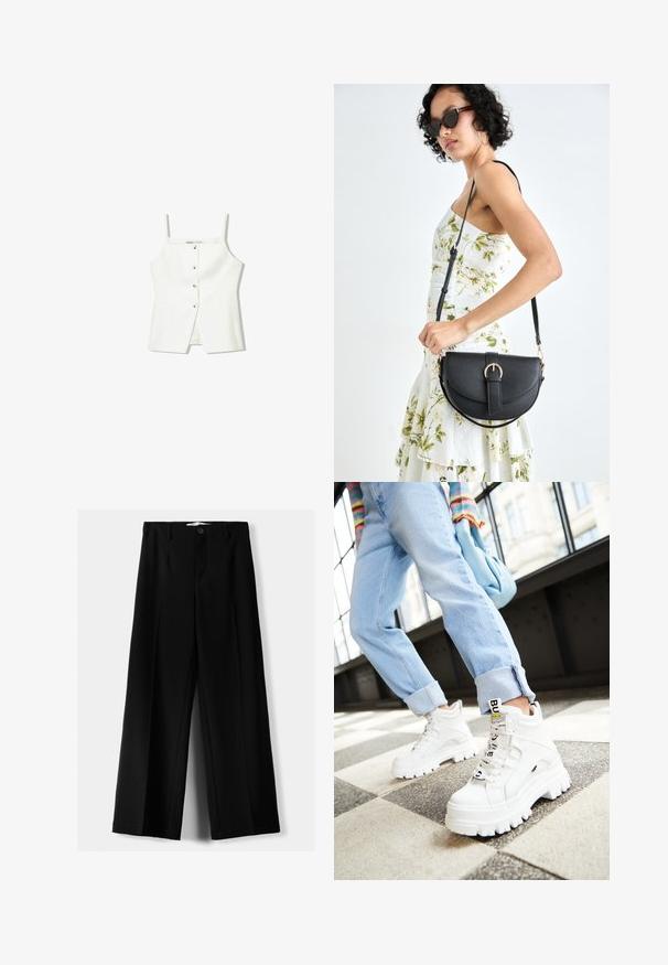 Bijela bezrukavna majica s dugmadi sprijeda, bočnim džepovima i prilagođenim dizajnom s lagano raširenim rubom. Glatka tekstura, minimalni detalji.; Crne široke hlače izrađene od lagane tkanine, s prednjim zatvaranjem na dugme i ravnim prednjim dijelom, sa uredno šivenim rubovima.; Bijele chunky tenisice s debelim potplatima, vezanjem sprijeda i oznakom s brandom. Nosi se uz svijetloplave traperice s manžetama na uzorkovanom podu.; Crna kožna torba s lukovitim oblikom, odvojivim remenom i zlatnim detaljima. Torba ima preklop s kopčom.