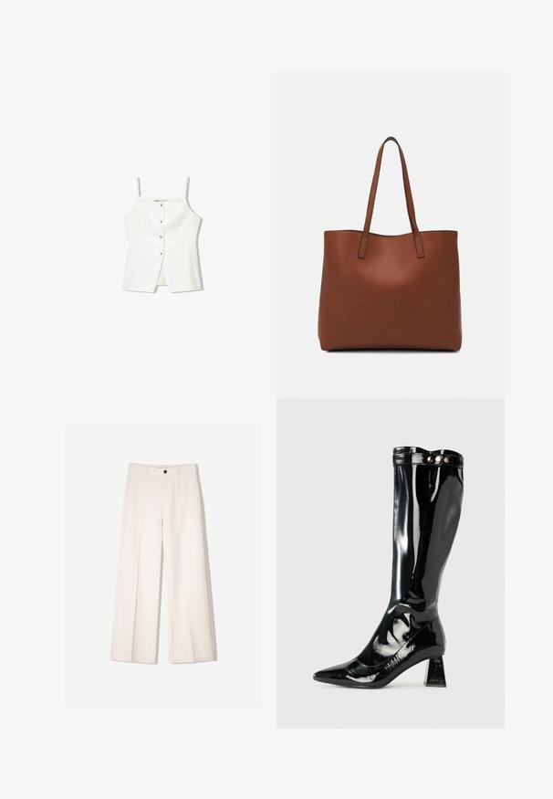 Fehér, ujjatlan felső, gombos előrészével, oldalzsebeivel és testhezálló kialakításával, enyhén bővülő aljával. Simább textúrájú, minimális részletezéssel.; Tejbézs széles lábú nadrág, szabott kialakítással, két elülső zsebbel és egyetlen elülső gombos záródással, sima anyagból készült.; Fekete lakkbőr, térd fölé érő csizma hegyes orral, geometrikus tömb sarkal és fényes kiképzéssel, díszes gomb díszítéssel a tetején.; Barna bőr vászontáska sima textúrával, nyitott tetejű dizájnnal és két vállpánttal. Minimális varrással és látható hardver nélkül készült.