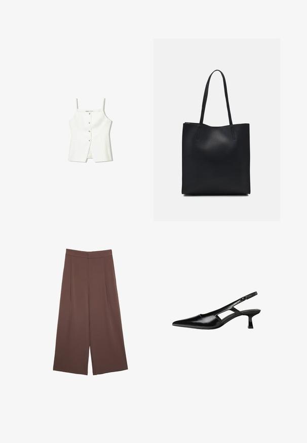 Top bianco senza maniche con bottini frontali, tasche laterali e un design aderente con orlo leggermente svasato. Texture liscia, minimalista nei dettagli.; Pantaloni ampi marroni con una texture liscia, caratterizzati da una vita alta e pieghe frontali. Il tessuto è leggero e scorre liberamente.; Tacchi slingback in pelle verniciata nera con punta affusolata, design con tagli laterali e tacco quadrato piccolo. Texture liscia con dettagli minimi.; Borsa tote in pelle nera con texture liscia, forma rettangolare e due manici lunghi. Nessun hardware o decorazione visibile.