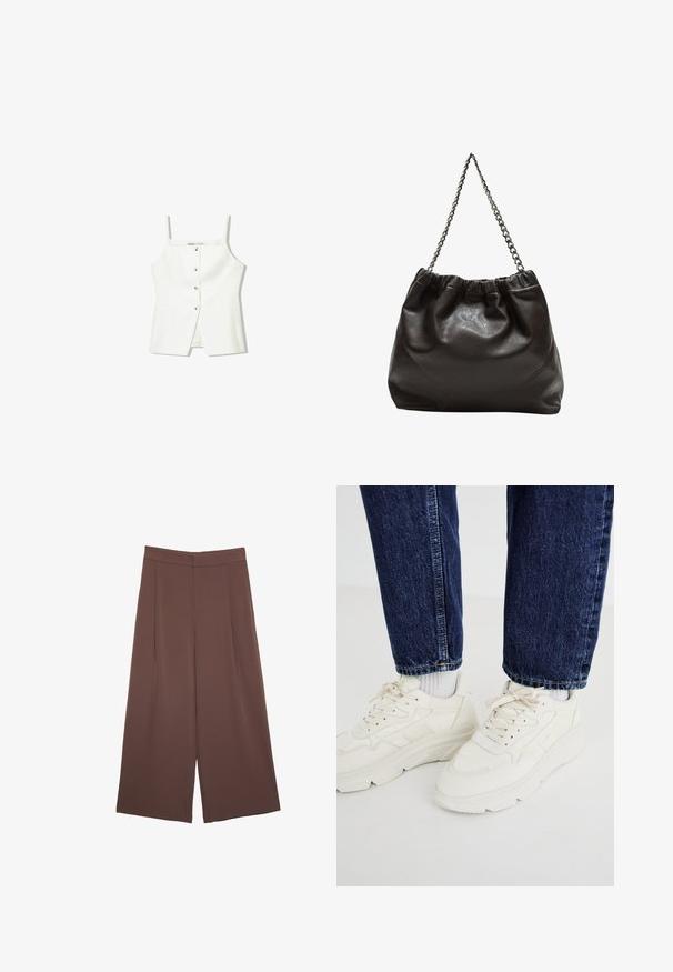 Biely top bez rukávov s gombíkovým predným zapínaním, bočnými vreckami a priliehavým strihom s mierne rozšíreným lemom. Hladká textúra, minimálne detaily.; Hnedé nohavice so širokými nohavicami a hladkou textúrou, s vysokým pásom a prednými skladmi. Tkanina je ľahká a voľne sa pohybuje.; Biele športové tenisky s masívnou podrážkou, viazaním a textúrovanými panelmi. V kombinácii s tmavomodrými džínami a svetlosivými ponožkami.; Hnedá kožená taška so zberaným vrchom a reťazovým popruhom. Hladký povrch s lesklým finišom a jemným švom po stranách.