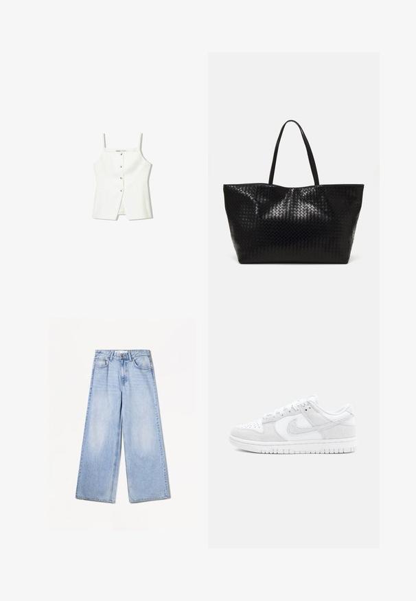 Top sans manches blanc avec un devant à boutons, des poches latérales et une coupe ajustée avec un ourlet légèrement évasé. Texture lisse, détails minimaux.; Bershka WIDE-LEG - Wide Leg - light-blue denim; Baskets Nike blanches avec un mélange de cuir texturé et de suède, au design bas, à bout rond et avec une semelle en caoutchouc à motifs.; Sac fourre-tout tissé noir avec deux poignées robustes, présentant une texture brillante et un design à ouverture spacieuse.