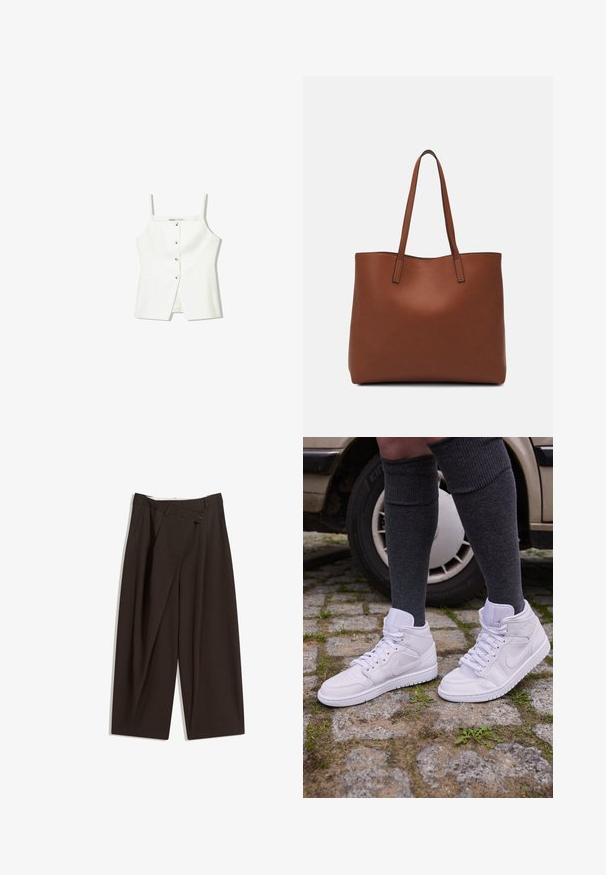 Bílý bezrukávový top se zapínáním na knoflíky vpředu, postranními kapsami a přiléhavým střihem s mírně rozšířeným lemem. Hladká textura, minimální detaily.; Tmavě hnědé široké kalhoty s vysokým pasem, vybavené jedním tlačítkem na zapínání a plisovaným předním dílem. Vyrobené z lehkého materiálu.; Bílé vysoké tenisky s perforovanou špičkou a texturovanou gumovou podrážkou, spojené s tmavě šedými podkolenkami, na dlažebních kostkách.; Hnědá kožená taška přes rameno s hladkou texturou, otevřeným designem a dvěma ramenními popruhy. Obsahuje minimální švy a žádné viditelné kovové prvky.