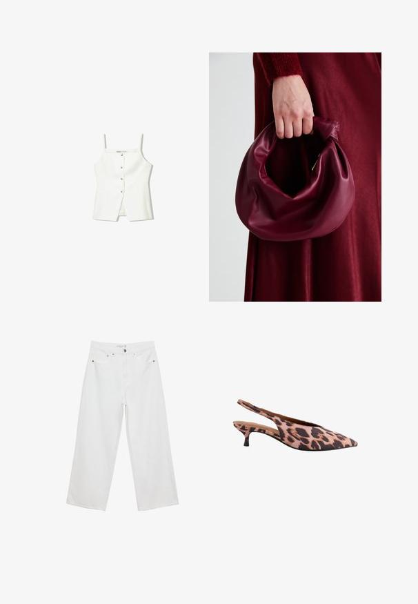 Top bianco senza maniche con bottini frontali, tasche laterali e un design aderente con orlo leggermente svasato. Texture liscia, minimalista nei dettagli.; Jeans bianchi a gamba larga realizzati in denim con vita alta, dotati di cinque tasche e dettagli in metallo. Texture liscia, senza motivi visibili.; Scarpa slingback con stampa leopardata, caratterizzata da una punta appuntita, tacco kitten basso e tessuto testurizzato. La combinazione di colori include tonalità di rosa e marrone scuro.; Borsa in pelle bordeaux con un design morbido e arricciato e una forma arrotondata. Il manico è fissato, mostrando una texture liscia.