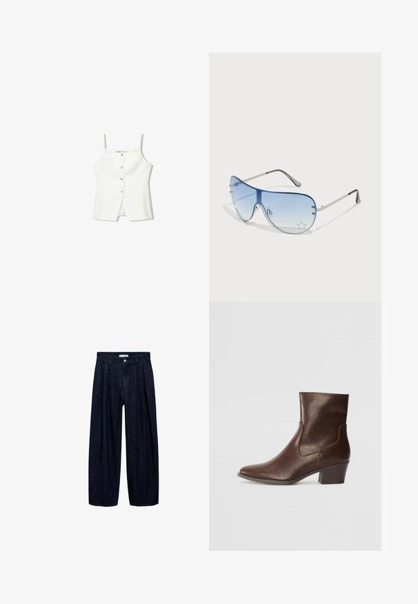 White sleeveless top featuring a button front, side pockets, and a fitted design with a slightly flared hem. Smooth texture, minimal detailing.; Dark denim wide-leg trousers with pleats at the waist, featuring a front button and belt loops. Smooth texture and full-length design.; Brown leather ankle boot with a pointed toe and a block heel. Features side cutouts and a smooth texture, designed for a fitted silhouette.; Aviator sunglasses featuring a gradient blue lens, silver metal frame, and decorative star accents on the lens. Smooth and sleek design.