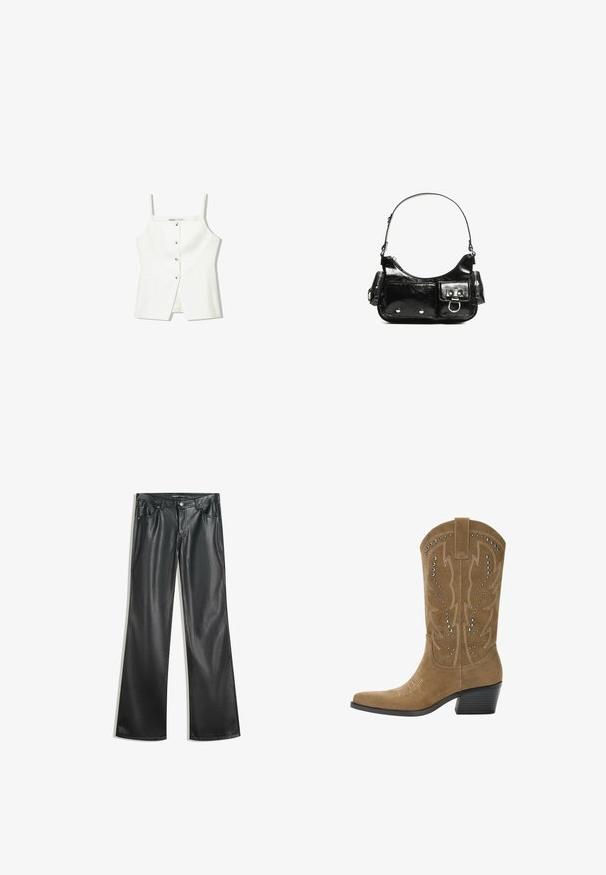 Top alb fără mâneci, cu închidere frontală cu nasturi, buzunare laterale și un design ajustat cu un tiv ușor evazat. Textură netedă, detalii minime.; Pantaloni flared din piele ecologică neagră, cu o textură netedă, design cu cinci buzunare, fermoar frontal și cusături contrastante.; PULL&BEAR Cizme cowboy/biker - beige; Geantă de mână din piele lăcuită neagră, cu o formă curbată, un umăr, buzunare frontale și accente din metal argintiu.
