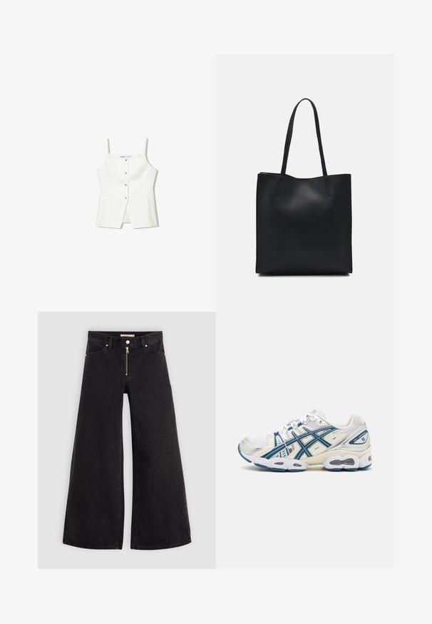 Top sans manches blanc avec un devant à boutons, des poches latérales et une coupe ajustée avec un ourlet légèrement évasé. Texture lisse, détails minimaux.; Jean large en denim noir avec une fermeture éclair à l'avant, un design à cinq poches et des détails de couture subtils. Texture lisse et style décontracté.; ASICS SportStyle GEL-NIMBUS 9 - Baskets basses - white/light indigo; Sac fourre-tout en cuir noir avec une texture lisse, de forme rectangulaire et deux longues poignées. Pas de matériel ou d'ornementations visibles.