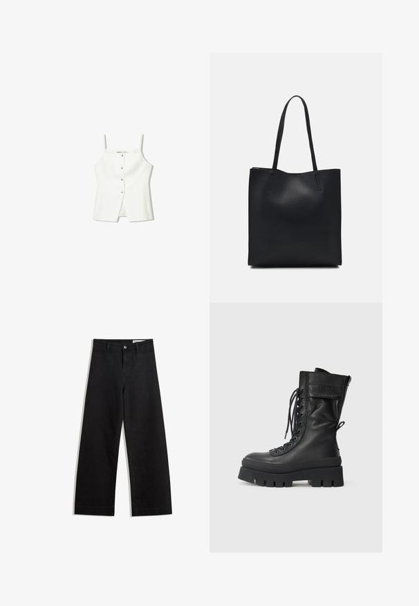 Fehér, ujjatlan felső, gombos előrészével, oldalzsebeivel és testhezálló kialakításával, enyhén bővülő aljával. Simább textúrájú, minimális részletezéssel.; Fekete, bő szabású farmernadrág magas derékkal, elülső és hátsó zsebekkel, varrott felületekkel és gombos záródással. Sima textúra.; Fekete bőr katonai bakancs magas szárú, fűzős elülsőrész, texturált díszítések, vastag talp és varrott részletek jellemzik. Hátsó húzófüllel rendelkezik.; Fekete bőrtáska sima felszínnel, téglalap alakú, két hosszú füllel. Nincs látható fémkiegészítő vagy díszítés.