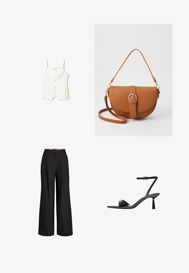 White sleeveless top featuring a button front, side pockets, and a fitted design with a slightly flared hem. Smooth texture, minimal detailing.; Black wide-leg trousers with a tailored design, featuring pleats and a smooth fabric texture. Clean lines and no visible hardware or accents.; Bershka High heeled sandals - black; Brown leather crossbody bag with a curved shape, gold hardware, and a buckle accent. Features a detachable shoulder strap.