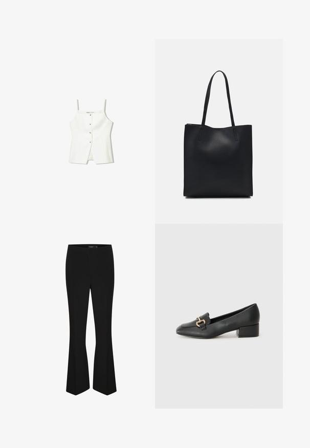 Top alb fără mâneci, cu închidere frontală cu nasturi, buzunare laterale și un design ajustat cu un tiv ușor evazat. Textură netedă, detalii minime.; Pantaloni evazați negri dintr-un material neted, cu un talie ajustată și un design simplu, fără închideri sau ornamentații vizibile.; Loaferi negri din piele, cu toc plat, având un detaliu decorativ din hardware auriu în față și o textură netedă.; Geantă tote neagră din piele, cu textură netedă, formă rectangulară și două mânere lungi. Fără hardware vizibil sau ornamente.