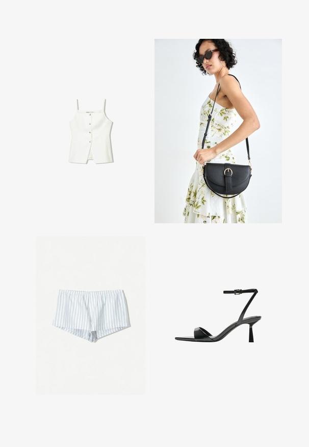 Fehér, ujjatlan felső, gombos előrészével, oldalzsebeivel és testhezálló kialakításával, enyhén bővülő aljával. Simább textúrájú, minimális részletezéssel.; Fehér rövidnadrág kék csíkokkal, rugalmas derékpánttal és laza fazonnal. Elöl gombdíszítéssel rendelkezik, puha szövet textúrával.; Bershka Magas sarkú szandálok - black; Fekete bőrtáska ívelt formával, levehető pánttal és arany színű fémrészekkel. A táskán egy csattal díszített fedél található.