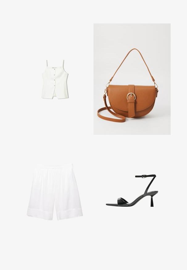 Fehér, ujjatlan felső, gombos előrészével, oldalzsebeivel és testhezálló kialakításával, enyhén bővülő aljával. Simább textúrájú, minimális részletezéssel.; Fehér pamut bermuda rövidnadrág, elasztikus derékbőséggel, laza szabású, szegélyezett szélekkel a kényelem és a szabad mozgás érdekében.; Bershka Magas sarkú szandálok - black; Barna bőr keresztbody táska ívelt formával, aranyszínű fémrészekkel és csat díszítéssel. Levehető vállpánttal rendelkezik.