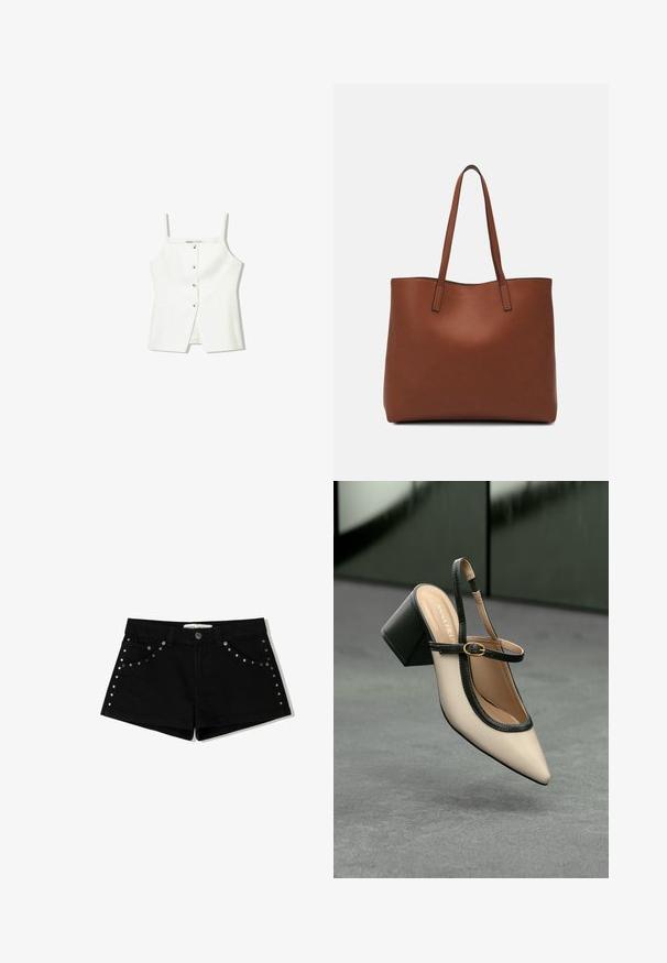 Biely top bez rukávov s gombíkovým predným zapínaním, bočnými vreckami a priliehavým strihom s mierne rozšíreným lemom. Hladká textúra, minimálne detaily.; Čierne riflové šortky s gombíkovým zapínaním, ktoré majú kovové cvočky na predných vreckách a bočných švoch. Krátka dĺžka a klasický strih.; Béžová lodička so špicatou špičkou, s čiernym lemom, zlatou prackou a robustným blokovým podpätkom na šedom podlahe s tmavozeleným pozadím.; Hnedá kožená taška na rameno s hladkou textúrou, otvoreným vrchom a dvoma ramenými popruhmi. Má minimálne šitia a žiadne viditeľné kovania.