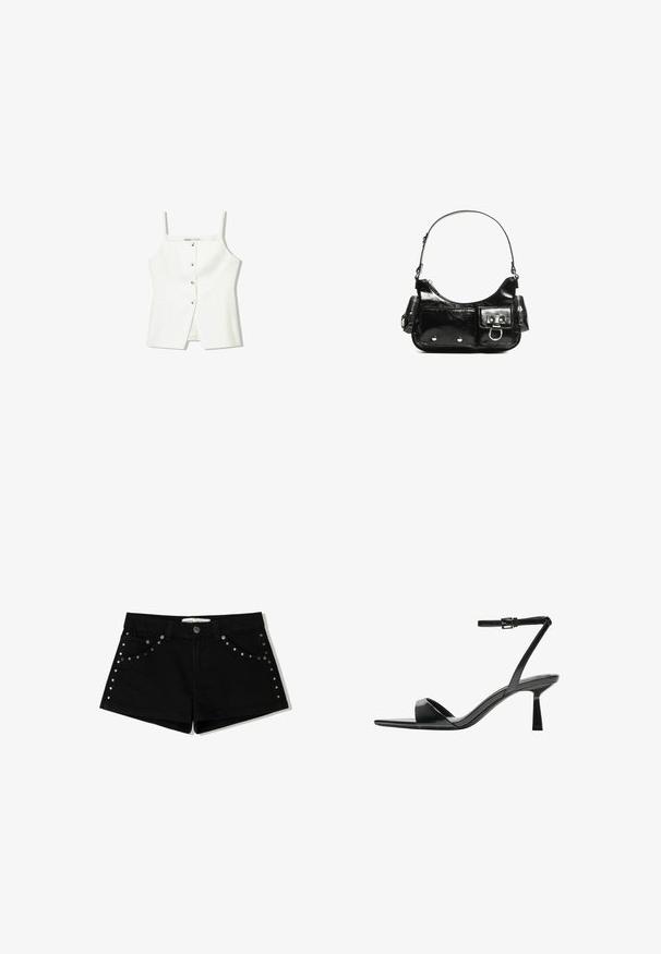 Fehér, ujjatlan felső, gombos előrészével, oldalzsebeivel és testhezálló kialakításával, enyhén bővülő aljával. Simább textúrájú, minimális részletezéssel.; Fekete farmer rövidnadrág gombos záródással, fém szegecsekkel az elülső zsebeknél és az oldalsó varrásoknál. Rövid szabás és klasszikus fazon.; Bershka Magas sarkú szandálok - black; Fekete lakkbőr kézitáska ívelt formával, egy vállpánttal, elülső zsebekkel és ezüstszínű fémrészletekkel.
