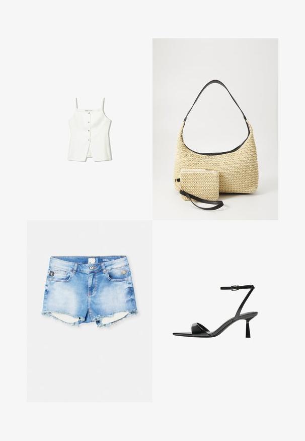 Vit ärmlös topp med knäppning fram, sidofickor och en figurnära design med svagt utsvängd nederdel. Slät textur, minimal detaljer.; Ljusblå jeansshorts med fransad fåll, femficksdesign och silverfärgade detaljer vid framre midjan och fickorna.; Bershka Sandaletter - black; Vävd halmhandväska med en böjd silhuett, prydd med ett slätt svart läderhandtag och en matchande liten påse fäst med ett handledsband.