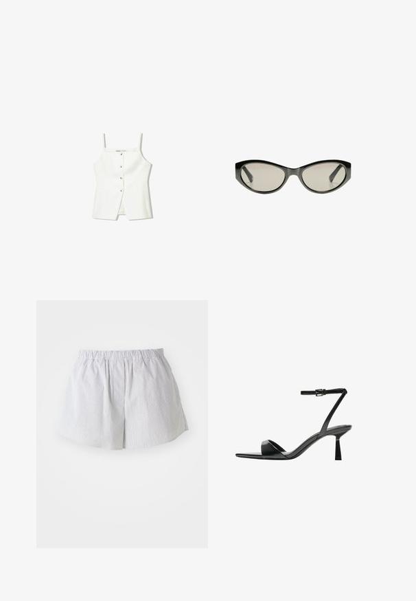 Fehér, ujjatlan felső, gombos előrészével, oldalzsebeivel és testhezálló kialakításával, enyhén bővülő aljával. Simább textúrájú, minimális részletezéssel.; Világoskék és fehér csíkos pamut rövidnadrág, rugalmas derékkal és kényelmes, laza fazonnal, oldalsó nyitásokkal a szabad mozgás érdekében.; Bershka Magas sarkú szandálok - black; Fekete macska-szem napszemüveg szürke árnyalatú lencsékkel. Műanyag keret éles élű és sima, fényes felülettel rendelkezik.