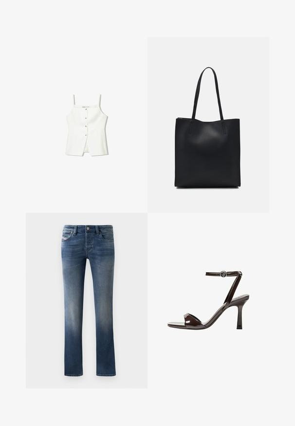 Bijela bezrukavna majica s dugmadi sprijeda, bočnim džepovima i prilagođenim dizajnom s lagano raširenim rubom. Glatka tekstura, minimalni detalji.; Tamno plave traperice s ravnim nogavicama, sa blagim izbljedjelim dijelovima na bedrima i klasičnim pet džepnim stilom.; Smeđi lakirani kožni sandali s visokim potpeticama, remenom oko članka, otvorenim prstima i elegantnim, minimalističkim dizajnom. Imaju kvadratnu potpeticu.; Crna kožna torba za nošenje s glatkom teksturom, pravokutnim oblikom i dvije duge ručke. Nema vidljivih metalnih dijelova ili ukrasa.