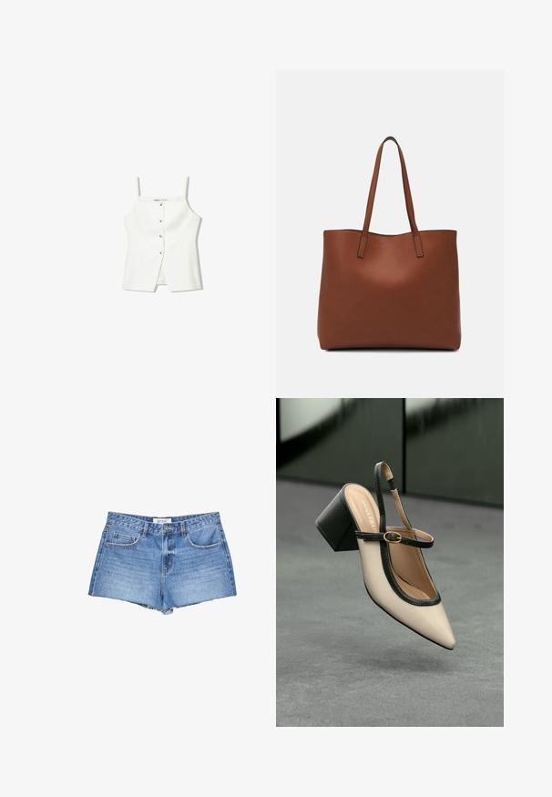 Biely top bez rukávov s gombíkovým predným zapínaním, bočnými vreckami a priliehavým strihom s mierne rozšíreným lemom. Hladká textúra, minimálne detaily.; Džínsy šortky vo svetlom modrom prania, s roztrhnutým lemom, klasickým piatym vreckovým dizajnom a gombíkovým zapínaním na prednej strane.; Béžová lodička so špicatou špičkou, s čiernym lemom, zlatou prackou a robustným blokovým podpätkom na šedom podlahe s tmavozeleným pozadím.; Hnedá kožená taška na rameno s hladkou textúrou, otvoreným vrchom a dvoma ramenými popruhmi. Má minimálne šitia a žiadne viditeľné kovania.