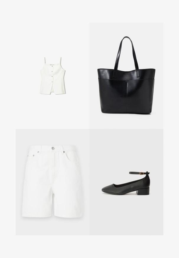 Top alb fără mâneci, cu închidere frontală cu nasturi, buzunare laterale și un design ajustat cu un tiv ușor evazat. Textură netedă, detalii minime.; Shorts din denim alb cu croi drept, dotate cu buzunare frontale și închidere cu nasture. Materialul are o textură netedă și nu are modele vizibile.; Pantof cu toc negru din piele, cu vârf ascuțit și toc mic pătrat. Dispune de o curea la gleznă cu o cataramă în tonuri de aur. Textură netedă.; Geantă oversized din piele neagră, cu două mânere lungi, de textură netedă și formă structurată. Are un buzunar frontal pentru stocare suplimentară.