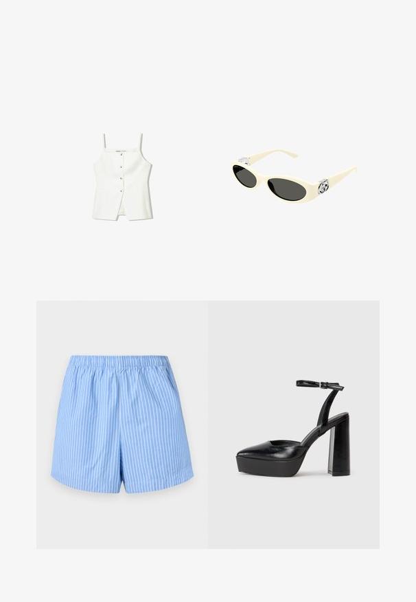 Hvid ærmeløs top med knaplukning foran, sidelommer og et tætsiddende design med en let udvidet kant. Glat tekstur, minimal dekoration.; Himmelblå shorts med hvide lodrette striber, elastisk talje, midt-lår længde, og en glat bomuldsoverflade.; Sorte platformhæle med spidse tæer og justerbar ankelrem. Construeret i glat læder, med en kraftig blokhæl.; Kridhvid solbriller med ovale linser, sort toning og metallisk logoaccent ved templerne. Glat tekstur, katteøje design.; Bordeaux læderhåndtaske med et blødt, samlet design og en rund form. Håndtaget er sikret og viser en glat tekstur.