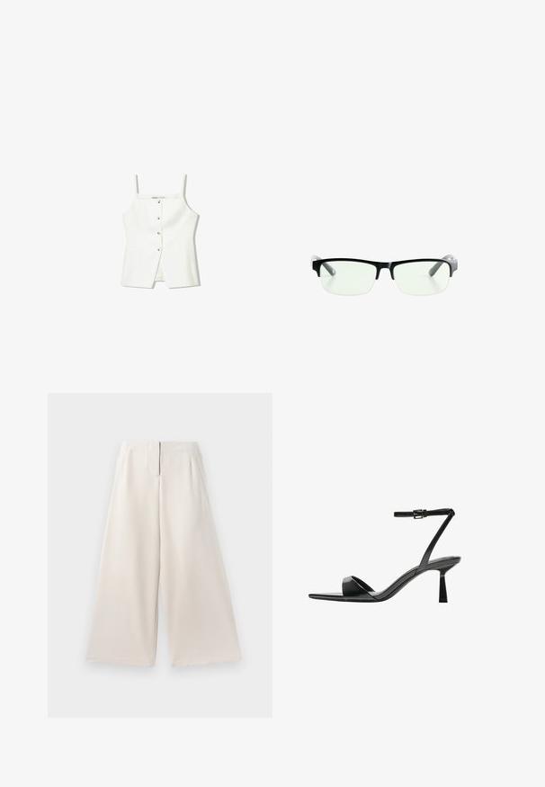 Vit ärmlös topp med knäppning fram, sidofickor och en figurnära design med svagt utsvängd nederdel. Slät textur, minimal detaljer.; Beiga vida byxor i slät tyg, med hög midja, sidofickor och en ren, minimalistisk design.; Bershka Sandaletter - black; Svarta rektangulära glasögon med klara linser, med eleganta svarta bågar och grå genomskinliga tempelspetsar. Minimalistisk design, utan synlig varumärkeslogotyp.