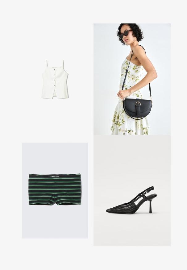 Top alb fără mâneci, cu închidere frontală cu nasturi, buzunare laterale și un design ajustat cu un tiv ușor evazat. Textură netedă, detalii minime.; Costume de baie negre cu dungi verzi orizontale. Prezintă un design ajustat și o talie elastică. Fabricat dintr-un material elastic și neted.; Cizme negre cu toc slingback, cu vârf ascuțit, material din plasă și curea subțire la glezna. Prezintă un toc subțire tip stiletto și un design cu decupaje.; Geantă din piele neagră, cu o formă curbată, curea detașabilă și accesorii aurii. Geanta are un capac cu un detaliu tip cataramă.
