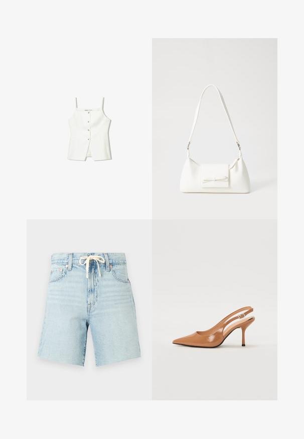 Witte mouwloze top met een knopenfront, zijzakken en een getailleerd ontwerp met een licht uitlopende zoom. Soepele textuur, minimale details.; Lichtblauwe denimshorts met een tailleband met trekkoord, lichtjes franjes aan de onderkant en vijf zakken. Kenmerkt zich door een vervaagde textuur en koperen klinknagels.; Puntige slingback hak in een glad, glanzend beige materiaal. Bevat een gebogen uitsnijdontwerp en een slanke stiletto hak. Zilveren gesp detail.; Witte synthetische handtas met een driehoekige vorm, platte voorklep en strikdetail, verstelbare schouderriem, gladde textuur en minimalistisch ontwerp.