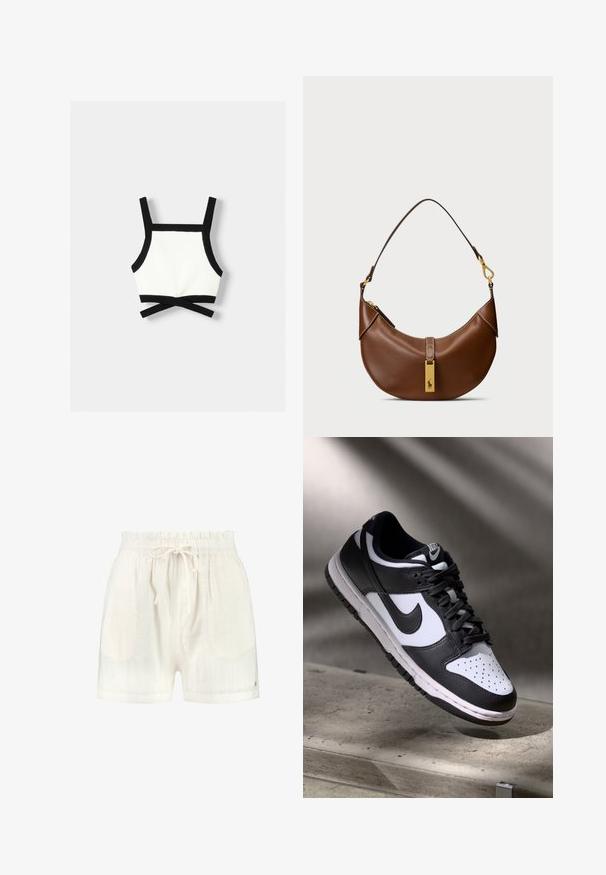 Crna i bijela sportska bralette s podesivim trakama, prilagođenim dizajnom i detaljem od križanja na leđima. Izrađena od rastezljivog, teksturiranog materijala.; Bijele šortse s teksturiranim vertikalnim prugama, s pojasom na vezanje i malim zlatnim logotipom sa strane.; Crno-bijeli Nike Dunk Low tenisice s kožnim gornjištem, perforiranim prednjim dijelom, crnim vezicama, s bijelim đonom i logom.; Smeđa kožna torba za rame s zakrivljenim oblikom, zlatnim dijelovima, detaljem gornjeg kopčanja i naglaskom na logu. Glatka tekstura s ušivenim rubovima.
