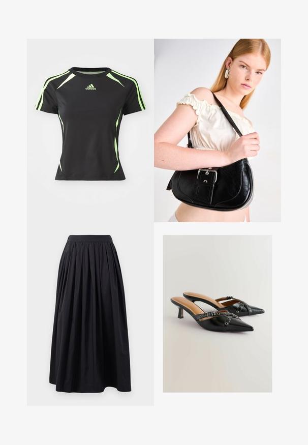 Maglietta sportiva nera con maniche corte, dettagli verdi sulle spalle e sui lati, realizzata in un materiale liscio e flessibile.; Gonna nera al ginocchio realizzata in tessuto leggero con una ampia cintura arricciata e un design plissettato, che offre una silhouette ampia.; Tacchi slingback in pelle nera con punta affusolata, caratterizzati da fasce decorative e dettagli con occhielli, su un tacco a spillo modesto. Texture liscia.; Borsa a spalla in pelle nera con forma curva, hardware in argento lucido e un'etichetta removibile. Texture liscia con dettagli di cucitura sottili.; Set di dodici orecchini a cerchio in tonalità argento e oro. Include design attorcigliati, lisci e testurizzati con varie dimensioni e finiture.