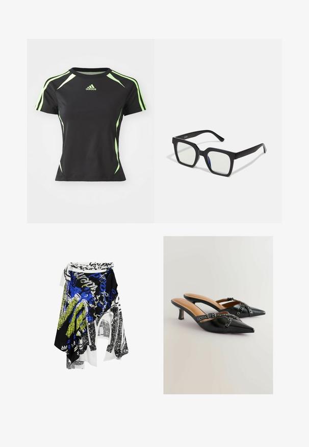 Mustapohjainen urheilupaita, jossa on lyhyet hihat, vihreät yksityiskohdat olkapäissä ja sivuilla, valmistettu sileästä ja joustavasta materiaalista.; Desigual ASYMMETRIC - Maksihame - black; Musta nahkainen slingback-kengät, joissa on terävä kärki, koristeelliset hihnat ja reikäkoristeet, kohtuullisella stiletto-kannan korkeudella. Sileä tekstuuri.; Mustat aurinkolasit mattapinnalla, joissa on läpinäkyvät linssit ja kevyesti sinertävä sävy yhdellä puolella. Vankka, kulmikas muotoilu.; PULL&BEAR SHOPPER - Shopping bag - grey